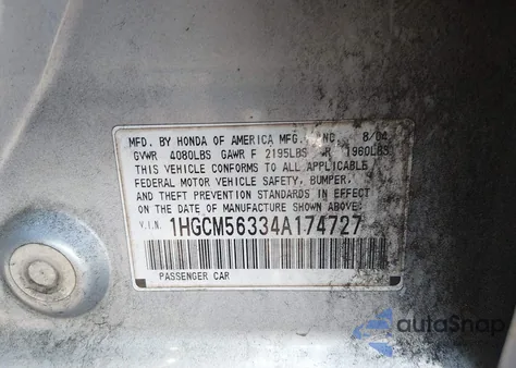 2004 Honda Accord 2.4 Lx z USA, uszkodzony, nr VIN 1HGCM56334A174727